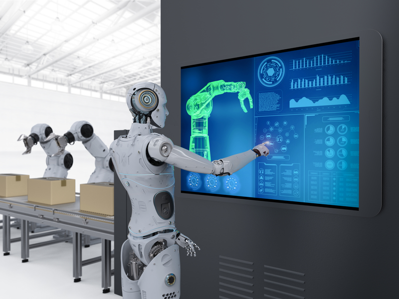 Concetto di industria dell'automazione con il rendering 3d cyborg controllo robot linea di montaggio in fabbrica